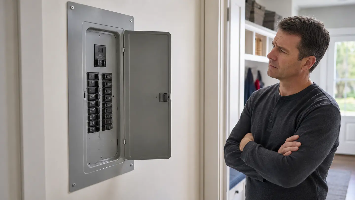 Homeowner looking at a tripped circuit breaker in a closed residential electrical panel