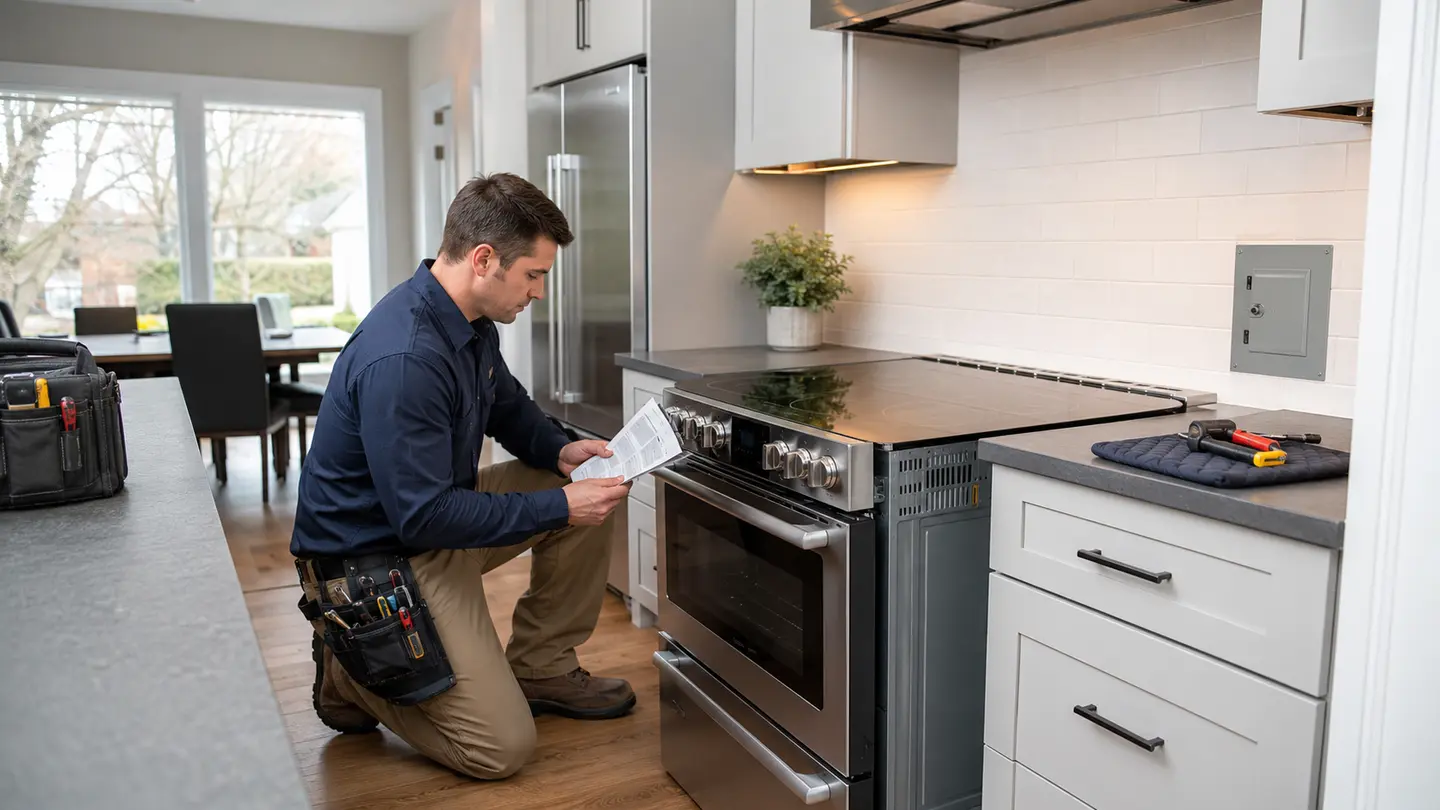 Electrician reviewing installation instructions beside a new induction range