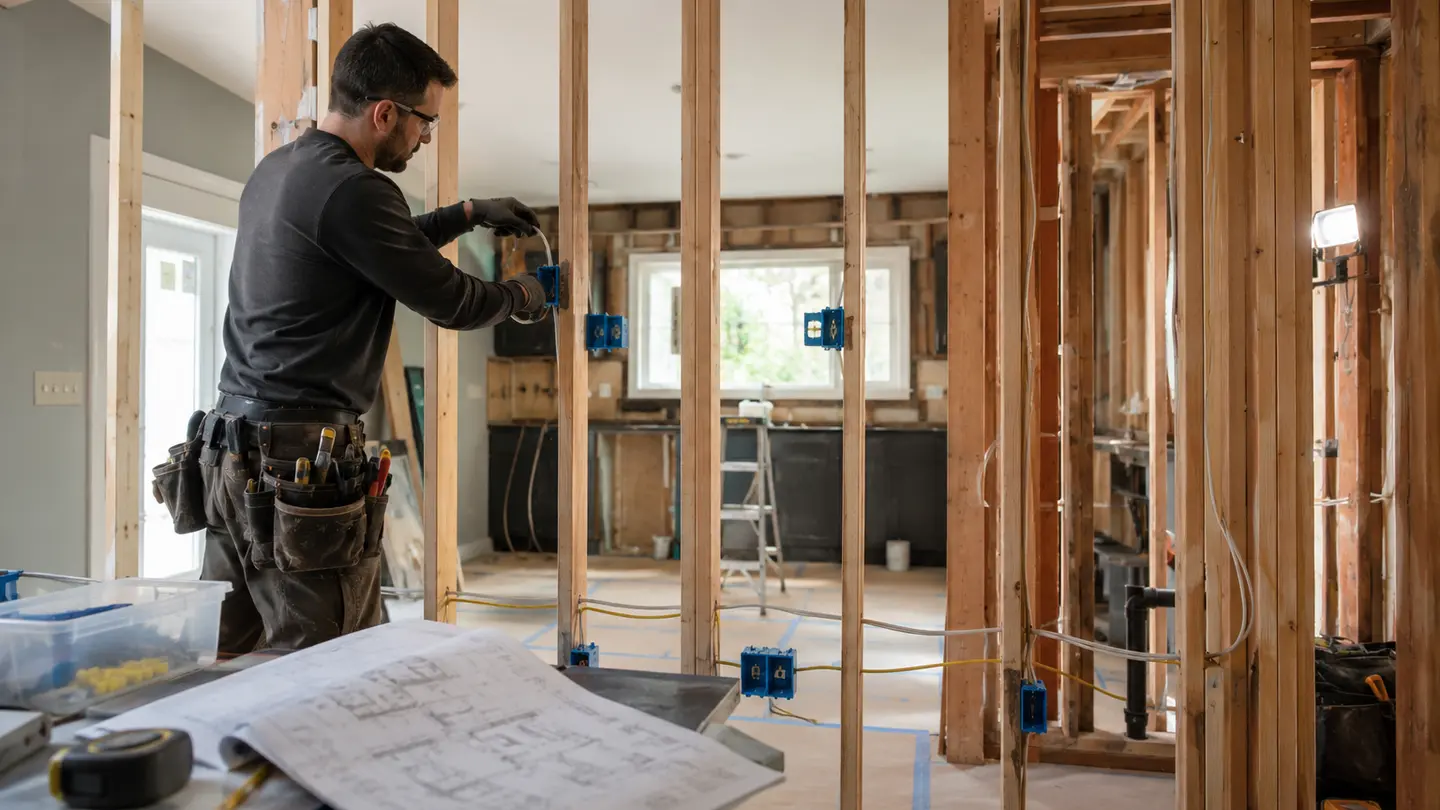Electrician routing kitchen wiring during the open-wall rough-in stage of a remodel