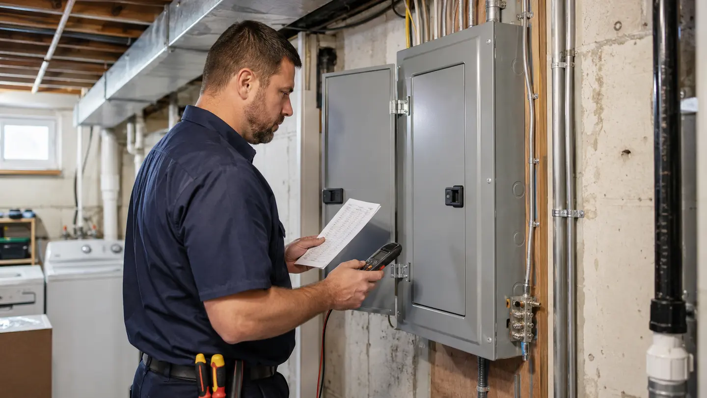 Electrician checking a new closed electrical panel and circuit directory in a basement