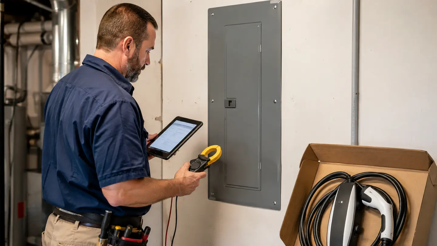 Electrician reviewing a closed electrical panel before a home EV charger installation